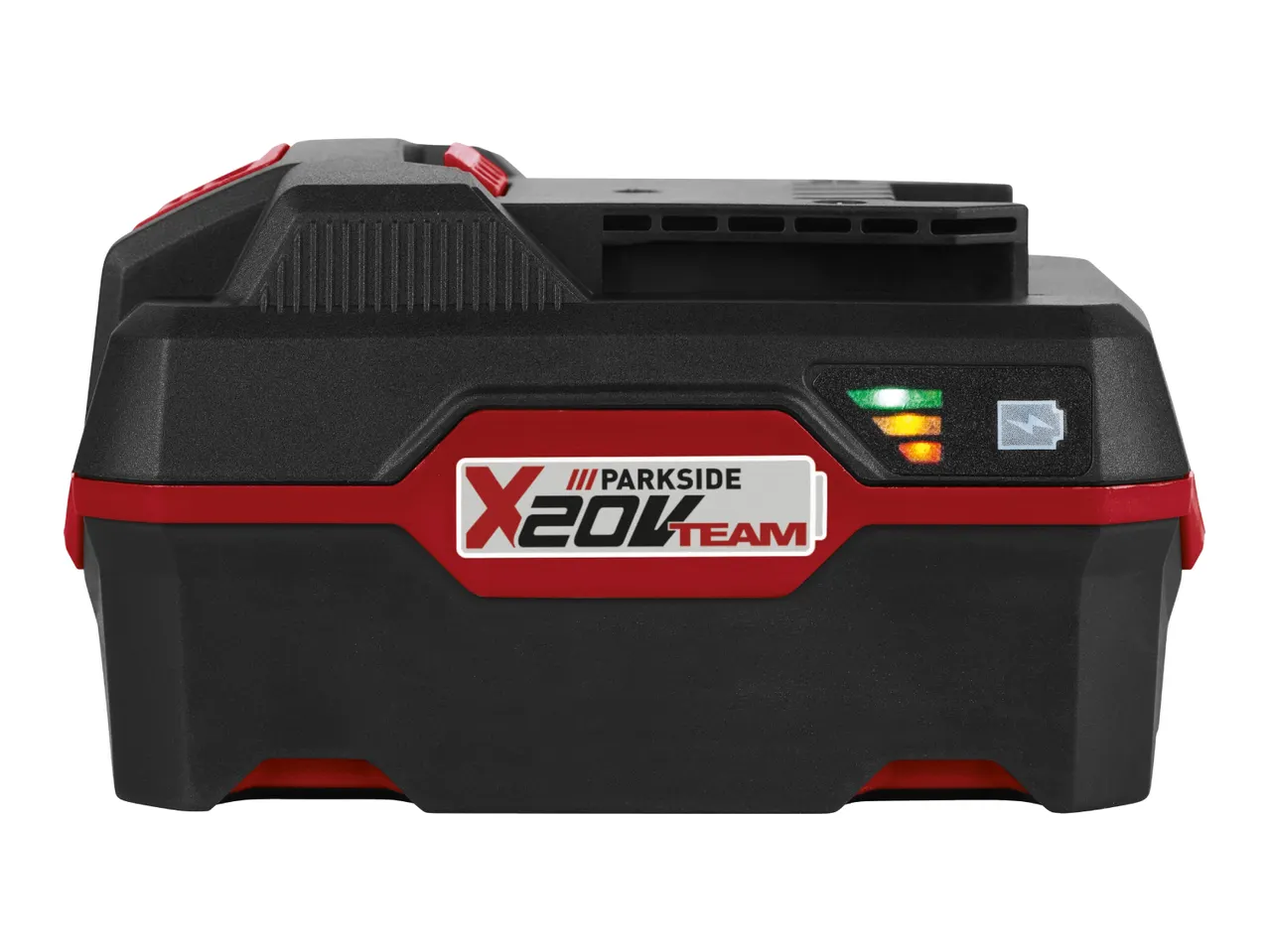 Black and red power tool battery with a charge indicator showing a full charge.