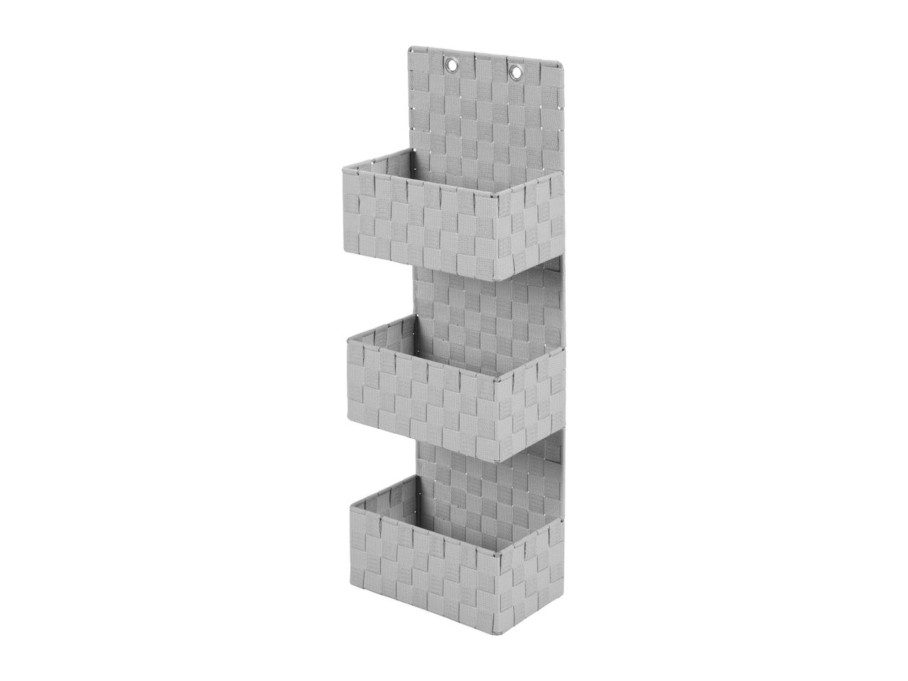 Grey woven hanging organizer with three storage baskets