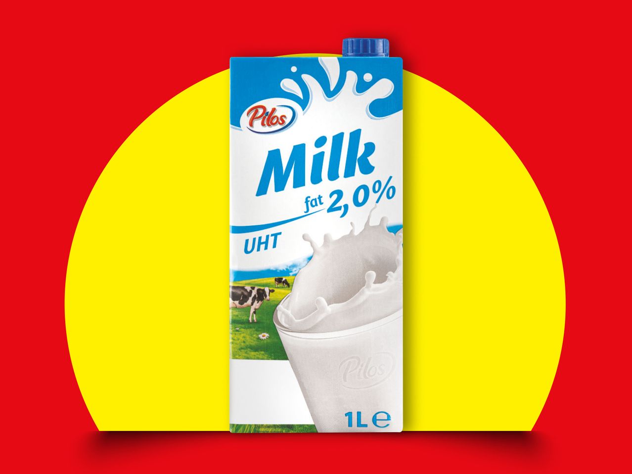 Pilos 2% riebumo UHT pienas 1L pakuotėje, raudoname ir geltoname fone.