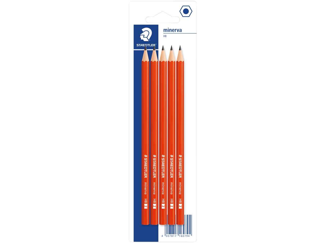 Cinco lápis STAEDTLER minerva HB 2 laranja brilhante em embalagem branca e azul.