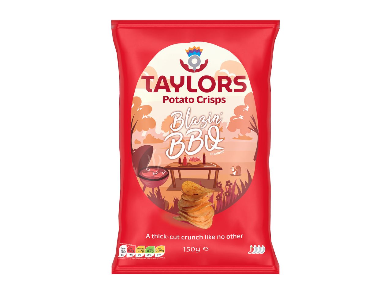 Taylors Blazin' BBQ Potato Crisps bag with nutritional information.