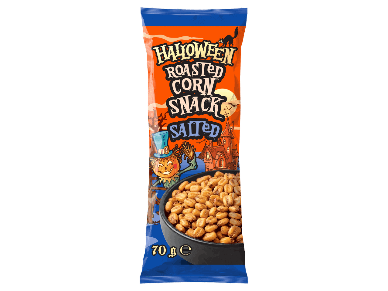Sós, pörkölt kukorica snack halloweeni csomagolásban, 70 g-os kiszerelésben.
