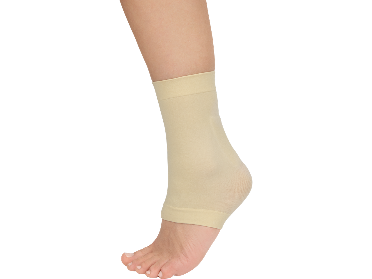 Beige ankle support on a woman's leg.
