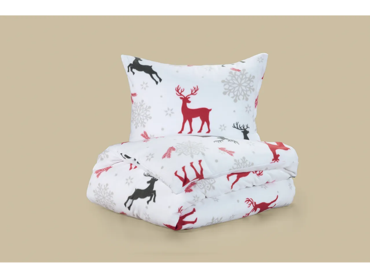 LIVARNO fliisist voodipesukomplekt punaste ja mustade põhjapõtrade ning lumehelveste mustriga