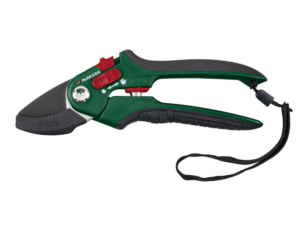 Green and black garden pruning shears with a red safety lock and a black wrist strap.