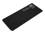Black rectangular placemat with cutouts for silverware.