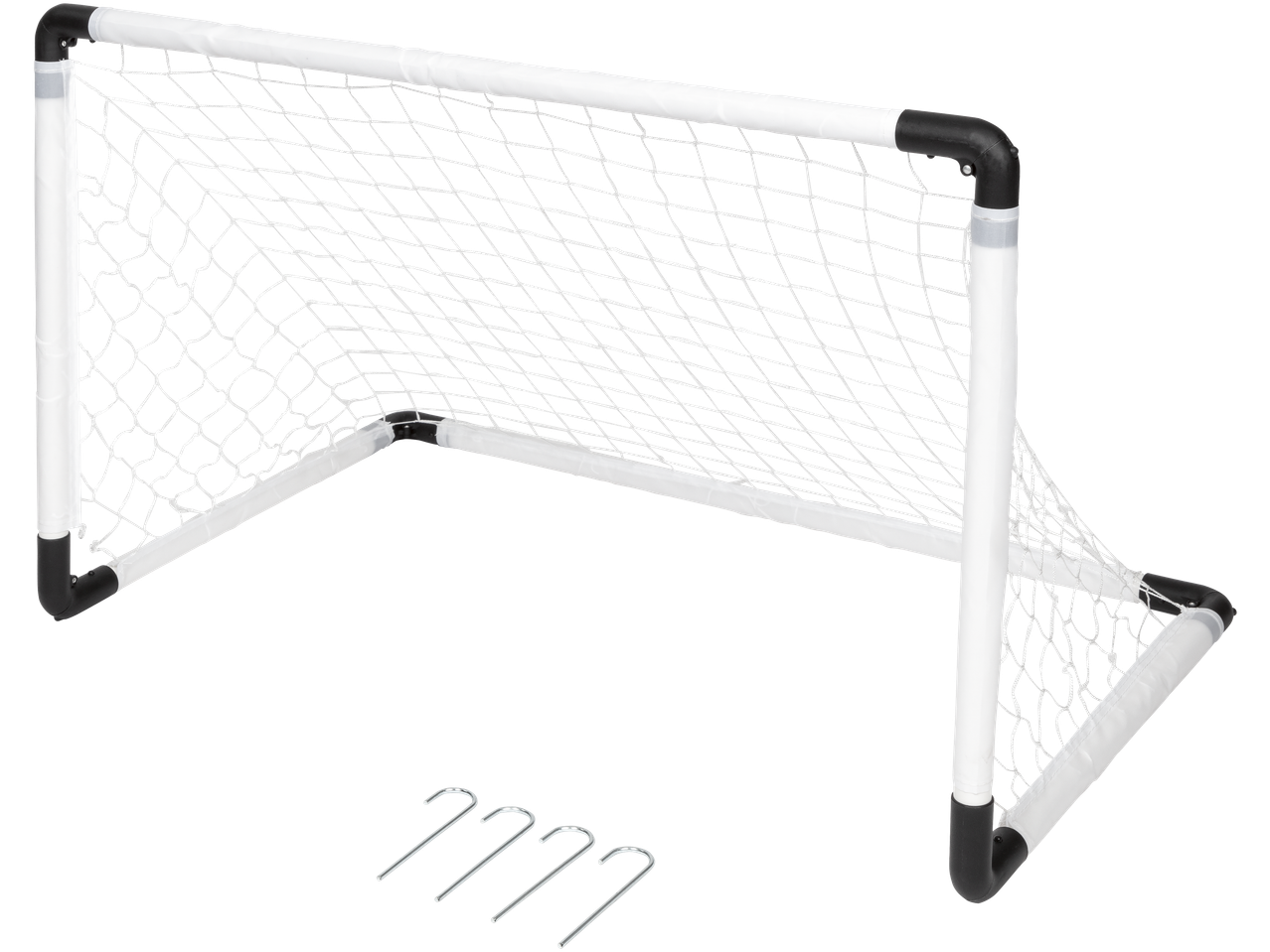 CRIVIT Folding Football Goal with white frame and net, includes ground anchors.