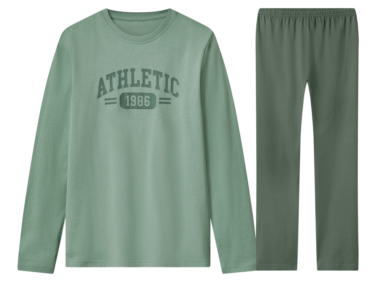 Комплект пижама от две части в цвят мента, с дълъг ръкав и надпис „ATHLETIC 1986“.