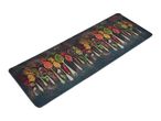 A kitchen mat featuring a design of various spices in spoons on a dark background.