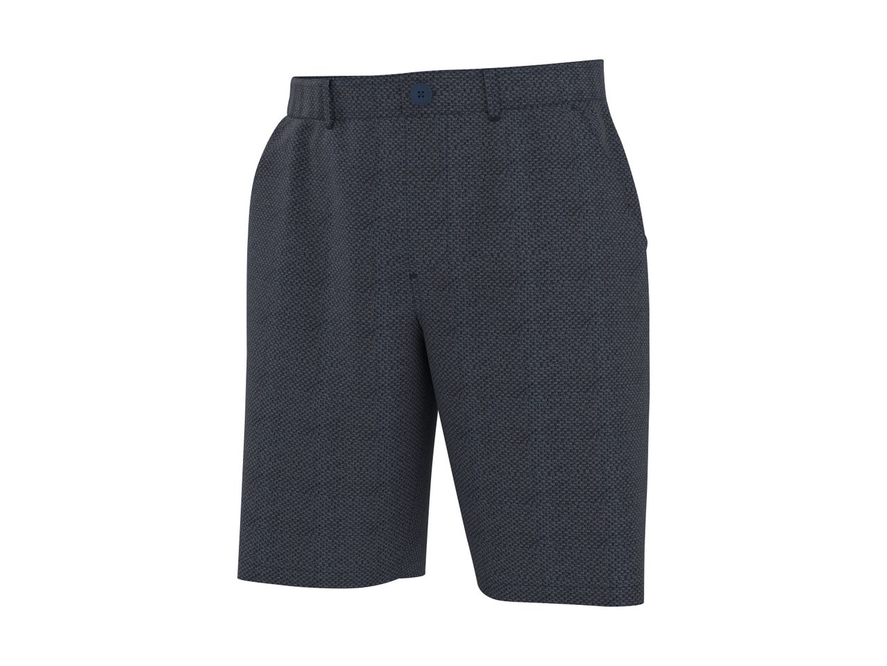 Dark blue patterned men's shorts with a button closure