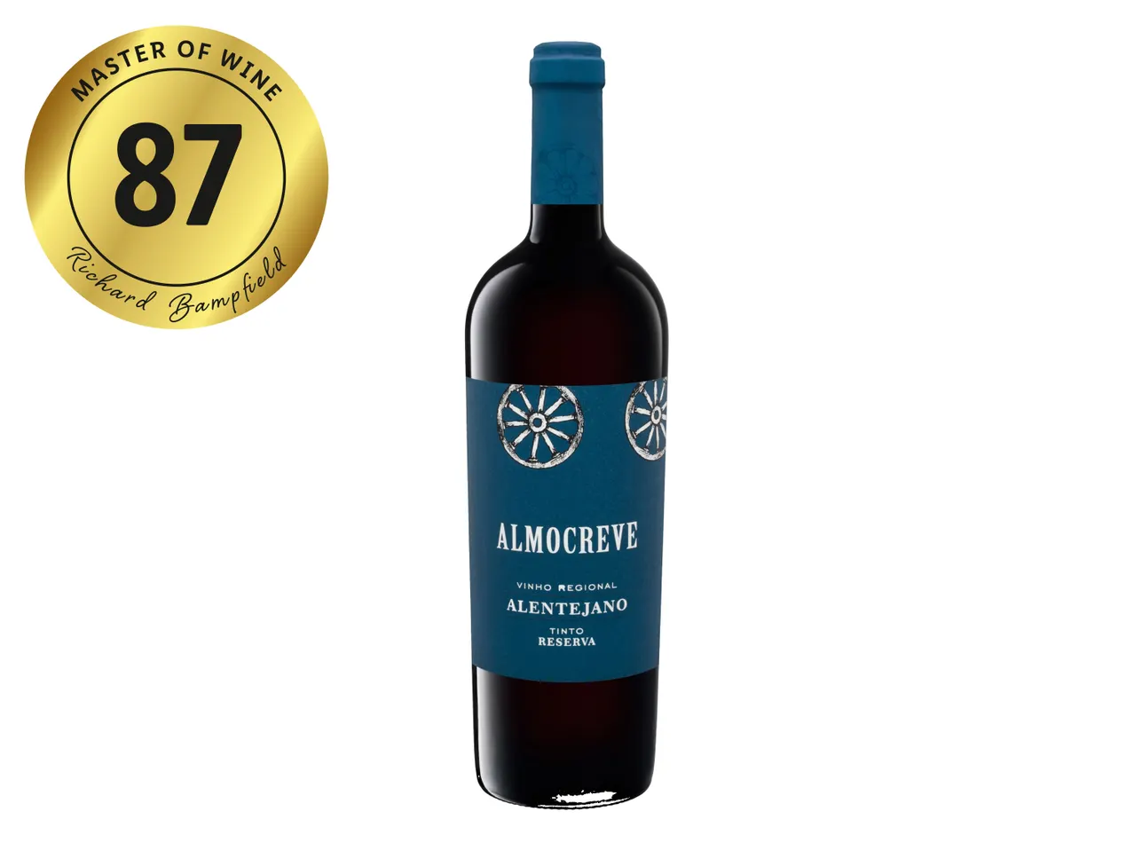 A bottle of Almoceve red wine with a gold Master of Wine 87-point rating seal.