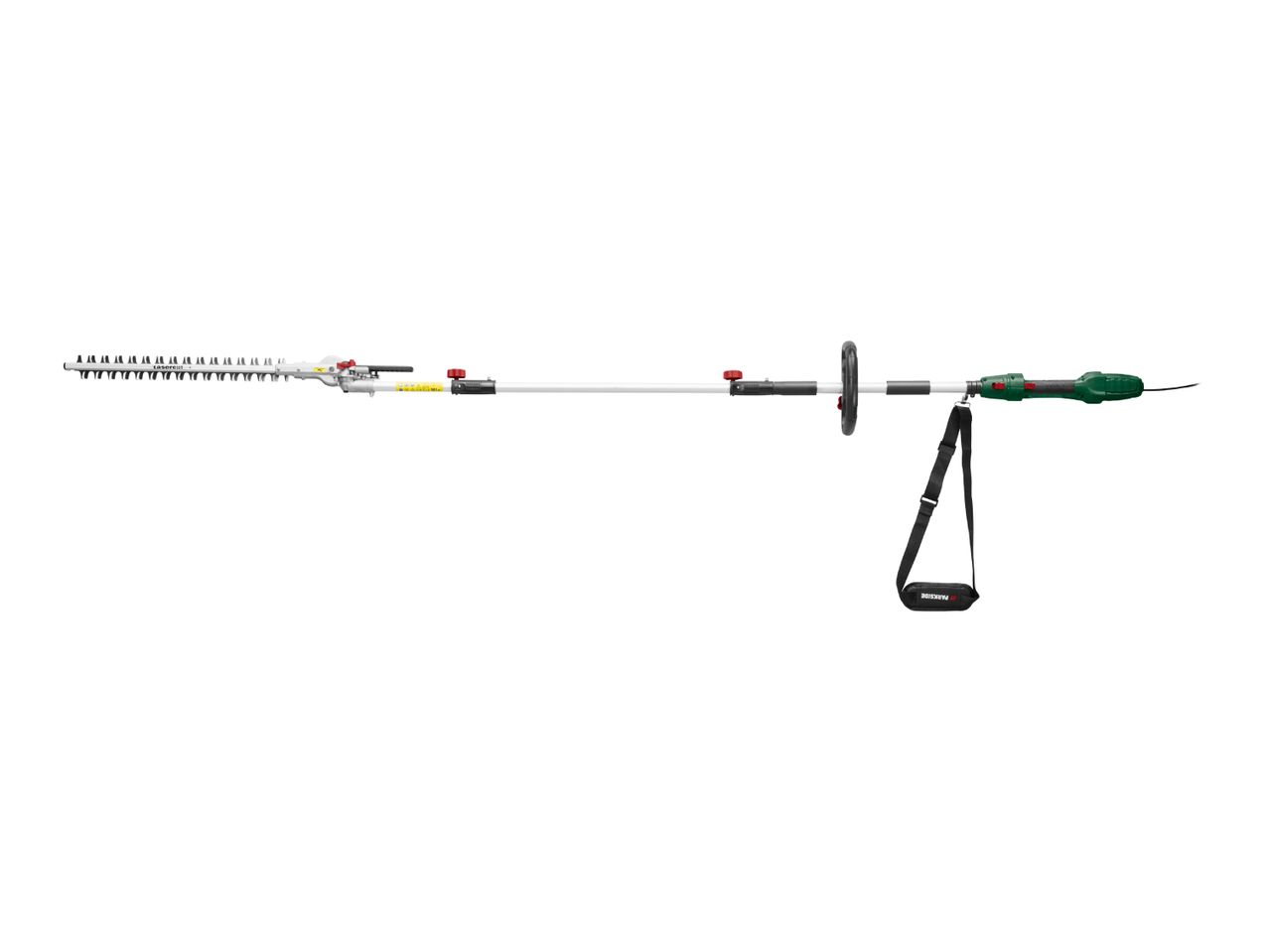 Long-reach electric hedge trimmer with an adjustable head and shoulder strap.