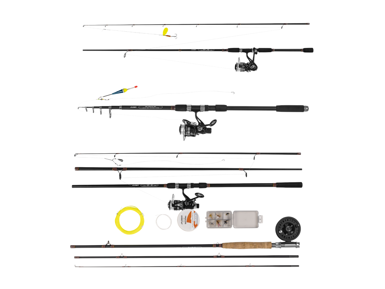 Različne ribiške palice in oprema, vključno z vrvico, plovcem in vabami.