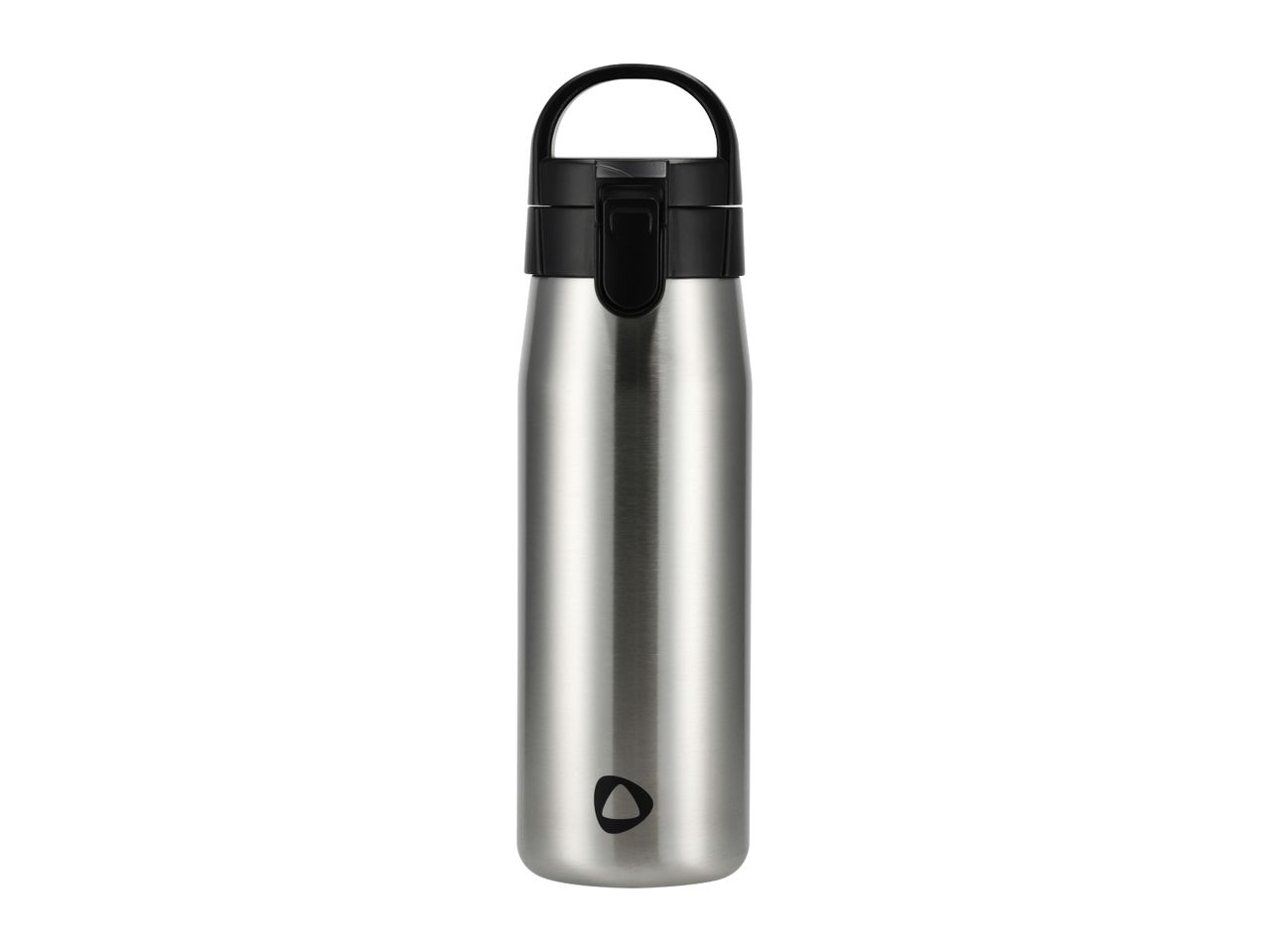 Stainless steel water bottle with a black handle and lid, featuring a small black triangular logo.