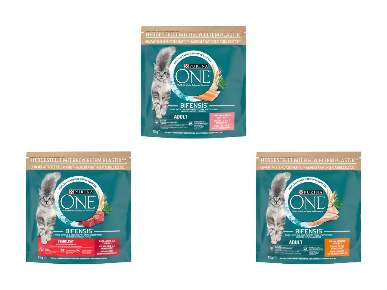 Trois sachets de nourriture pour chat Purina ONE Bifensis (saumon, bœuf, poulet) pour adultes, en emballage recyclé.