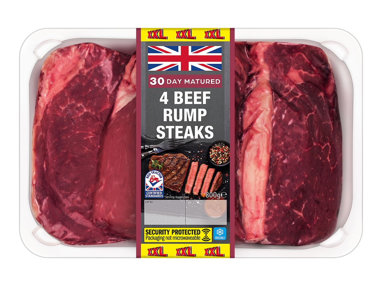 A pack of four 30-day matured beef rump steaks, 800g.