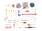 Set de pescuit CRIVIT cu fir, cârlige, plute, momeli și accesorii diverse.