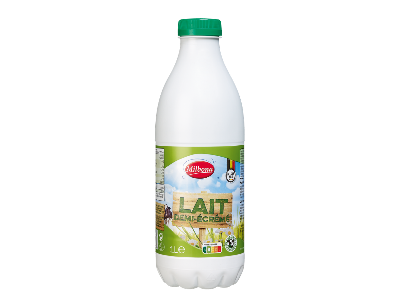 Une bouteille de lait demi-écrémé Milbona avec un bouchon vert et une étiquette représentant une vache.