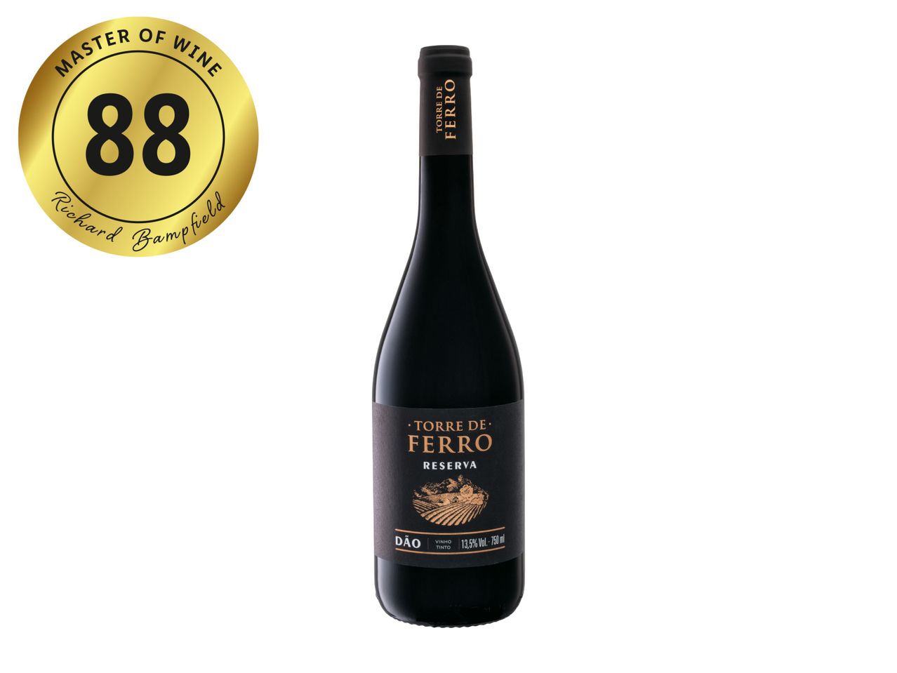 A bottle of red wine with a black label, featuring a vineyard illustration, and a gold medal with '88 Master of Wine Richard Bampfield'.