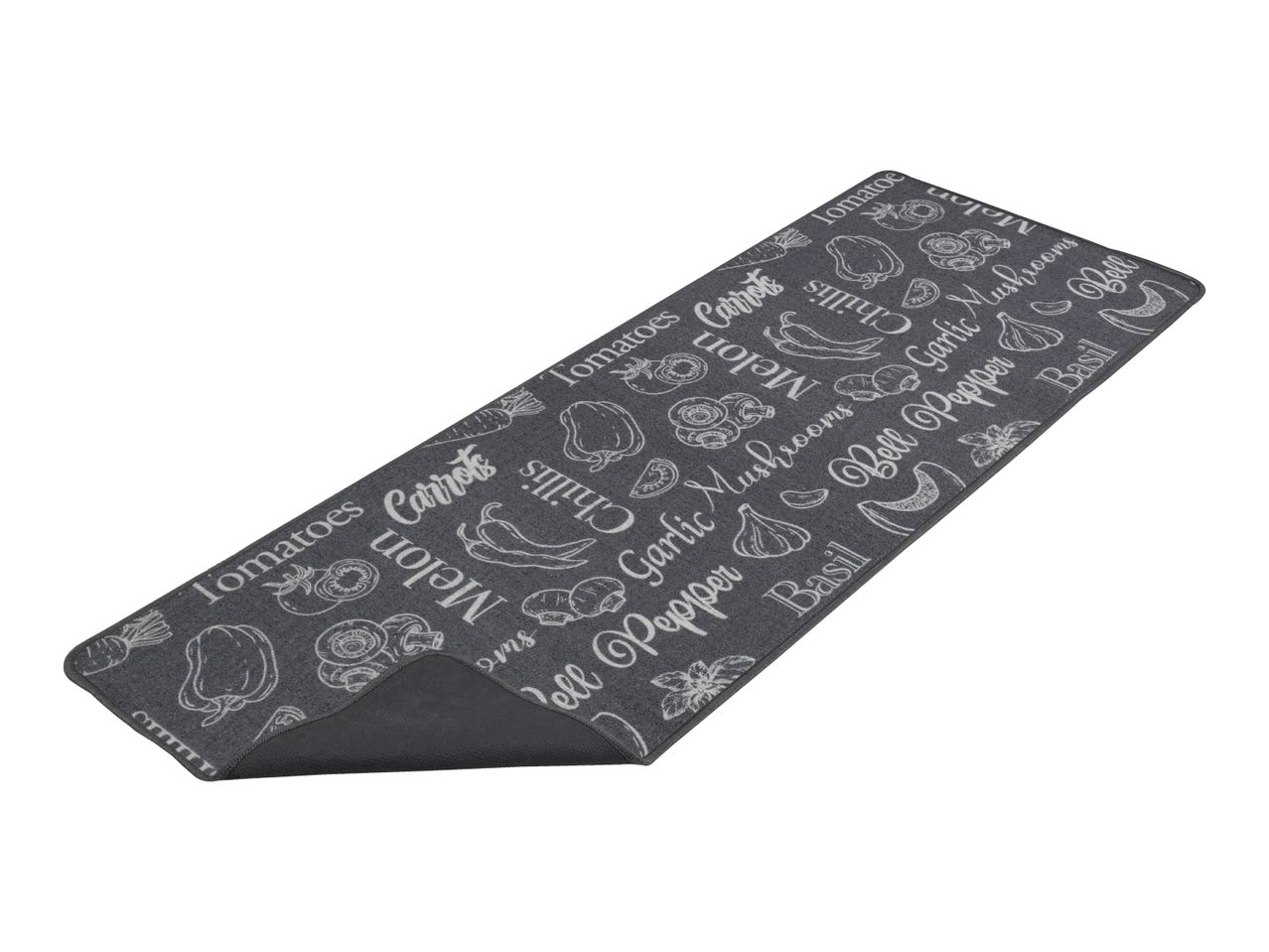 Dark grey kitchen runner rug with white vegetable illustrations and names