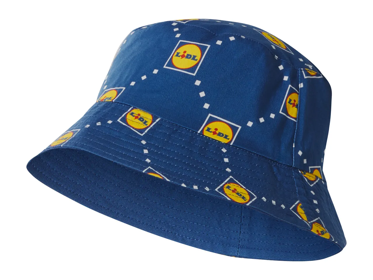 Blue bucket hat with a repeating pattern of yellow and red logos in white squares.