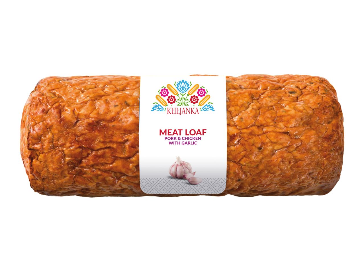 Meatloaf with a label featuring folk art, text 'Pork & Chicken with Garlic', and garlic illustration.