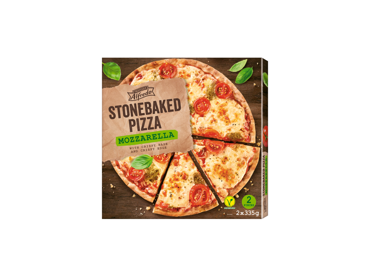 Pizza Mozzarella Trattoria Alfredo coaptă pe piatră: Două pizza de 335 g cu bază și margini crocante.
