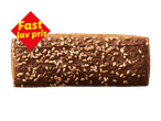 Et mørkt brød med solsikkekerner og et rødt skilt med teksten 'Fast lav pris'.