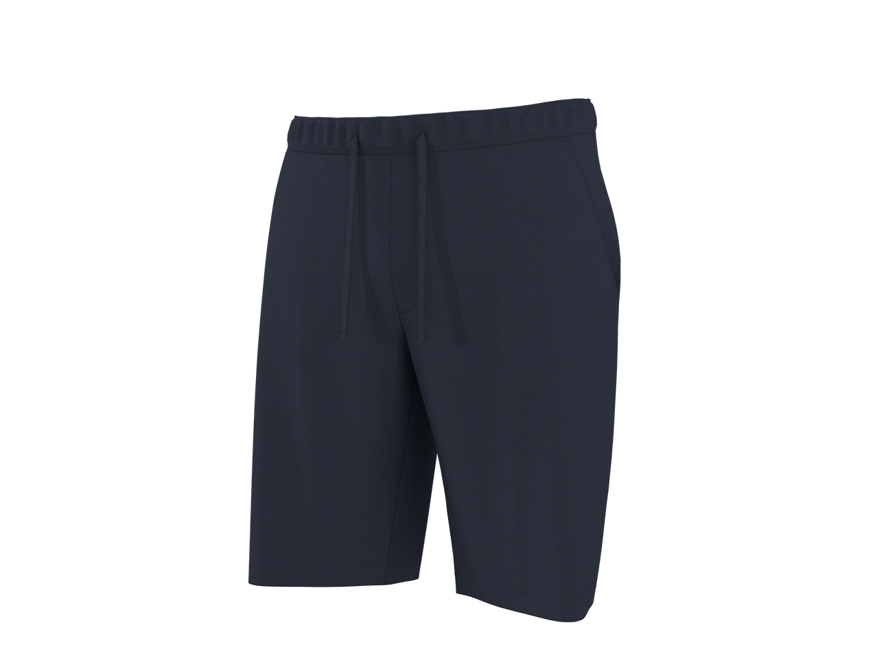 Dark blue men's shorts with a drawstring waist, angled view.