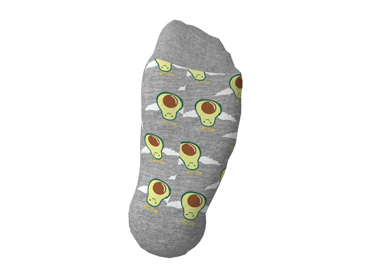 Grey ankle sock featuring a pattern of smiling avocados with halos and clouds