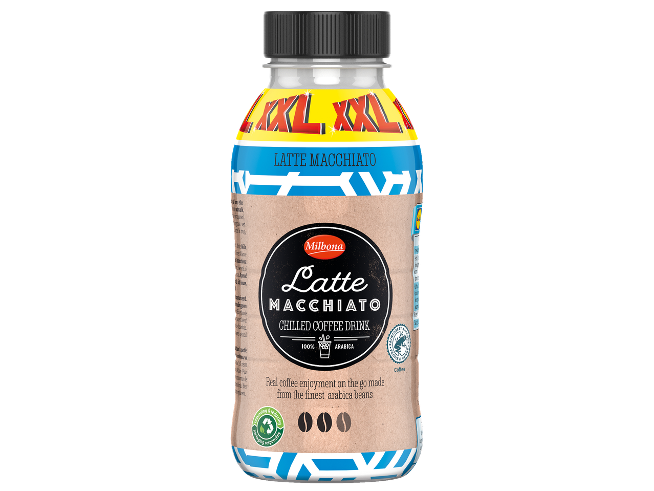 Milbona Latte Macchiato, chilled coffee drink in a plastic bottle.