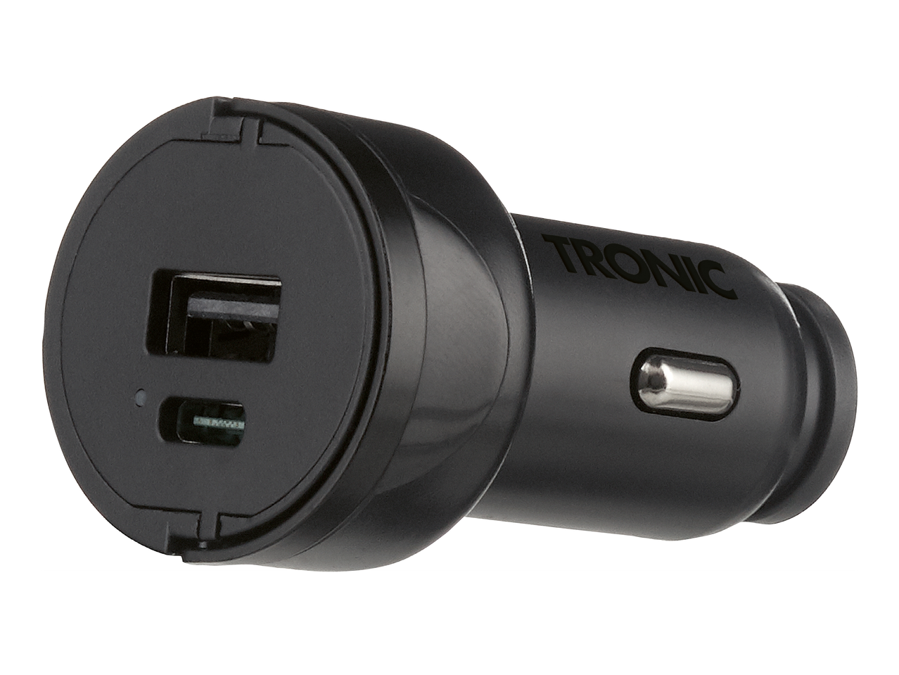 Черен адаптер за кола с два USB порта, един тип A и един тип C.