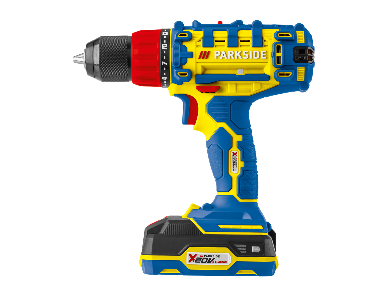 Berbequim sem fios PARKSIDE 20V com bateria, em azul e amarelo.