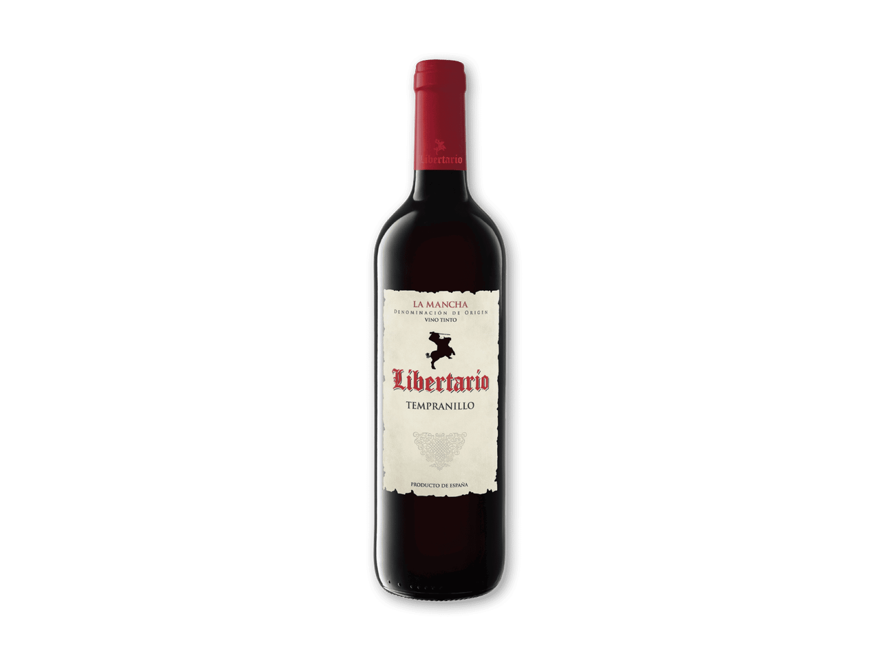 En flaske rødvin med en hvid etiket, der viser en rytter og teksten 'LA MANCHA' og 'TEMPRANILLO'.