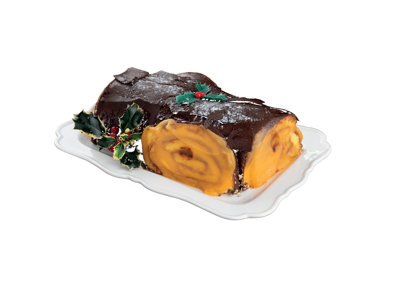 Deluxe Tronco de Natal, um bolo de chocolate em forma de tronco com uma fatia, guarnecido com azevinho.
