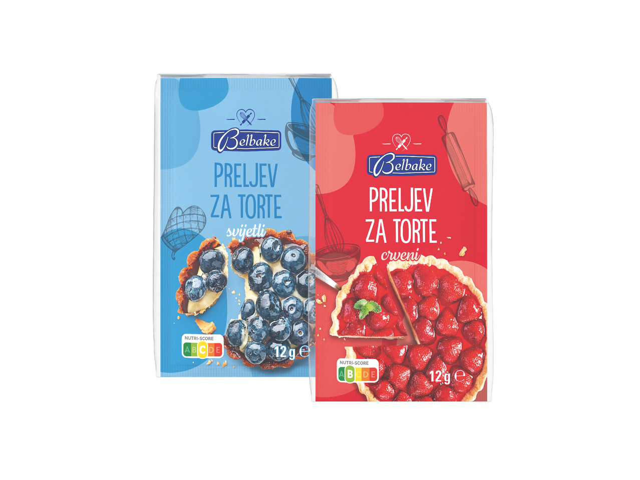 Belbake preljev za torte: svijetli s borovnicama i crveni s jagodama, 12g pakiranje.