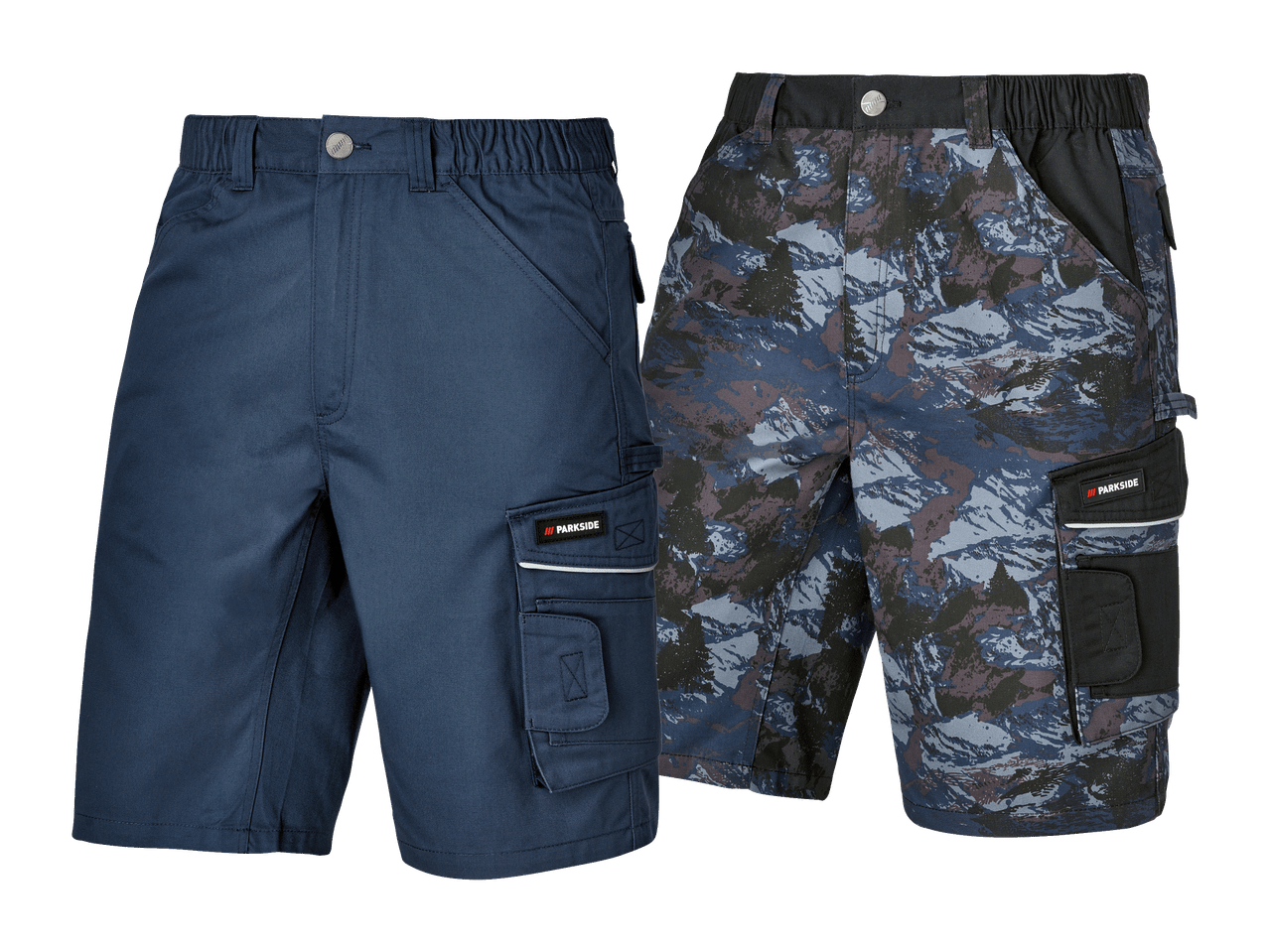 Dvoje moških delovnih kratkih hlač, ene modre in ene s kamuflažnim vzorcem.