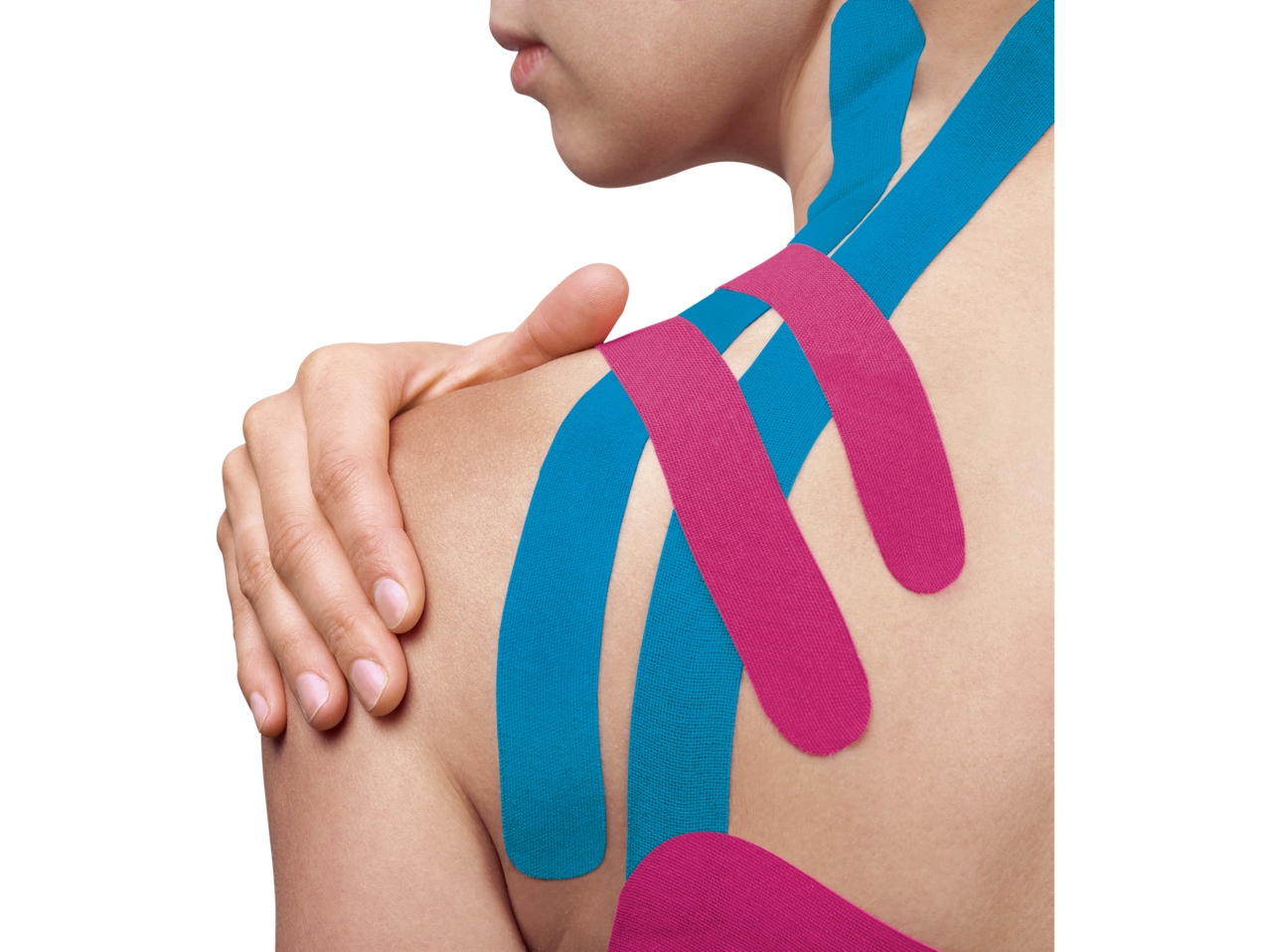 Sensiplast® Kinesiologie-Tapes on a person's shoulder, in blue and pink.