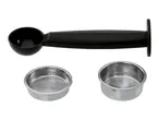 Coffee scoop with tamper and two stainless steel filter baskets, one with a 'MAX' marking.