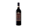 En flaske Brunello di Montalcino rødvin med en mørk etiket og guldudsmykning.