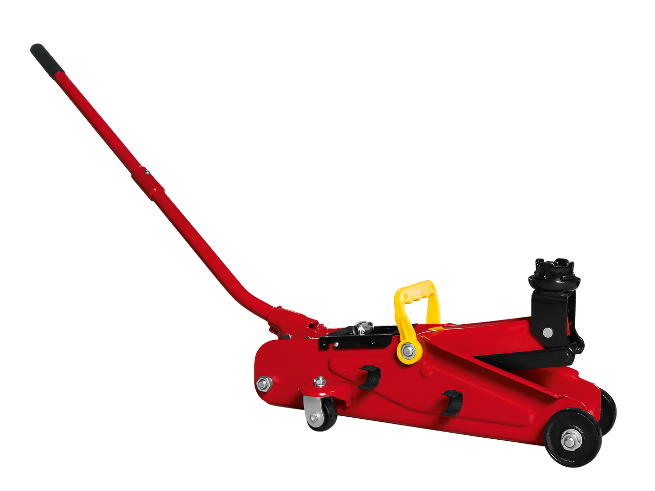 Raudonas hidraulinis grindų domkratas su ilga rankena ir ratukais juodame fone