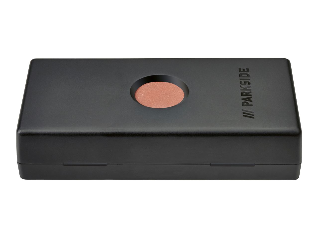 Black rectangular sharpening stone holder with a round orange sharpening stone insert.