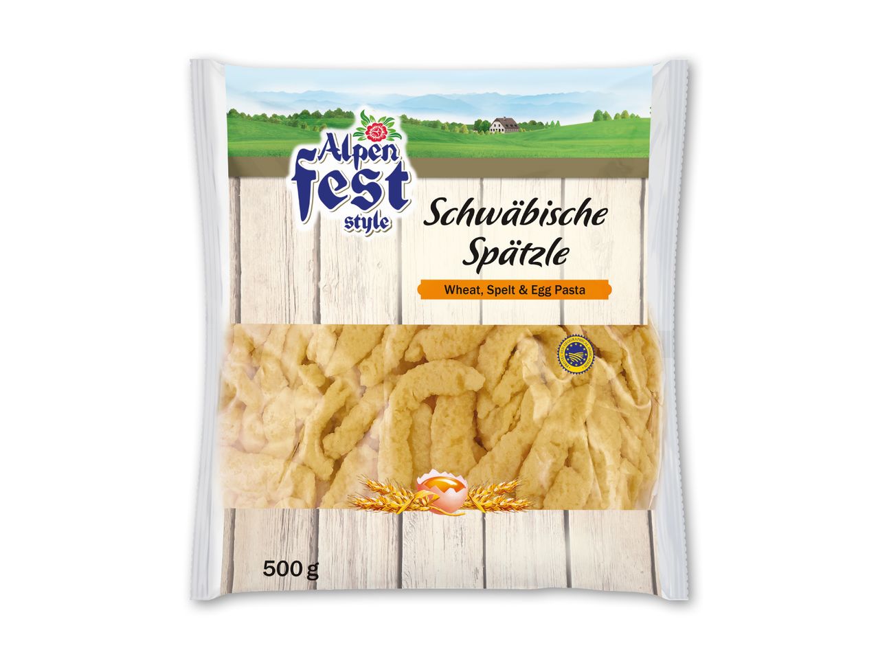 Pakke med Schwäbische Spätzle, hvede-, spelt- og ægpasta, 500 g, med et alpint tema.