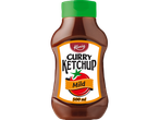 Kania Ketchup Curry Doux, bouteille de 500 ml avec un bouchon vert et une illustration de tomate.