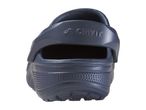 Dark blue clogs with a textured sole and a back strap, viewed from the rear.
