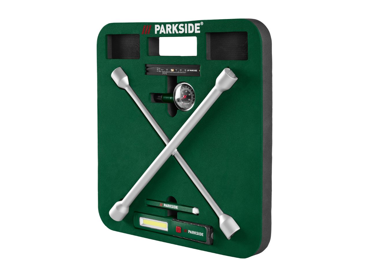 A Parkside tire changing kit with a cross wrench, pressure gauge, and flashlight.