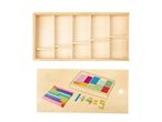 Wooden box with compartments and a wooden board with colorful counting rods and an equation.