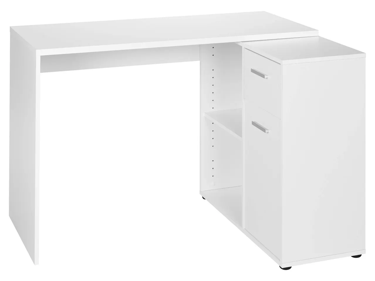 Bureau d'angle blanc avec rangement.