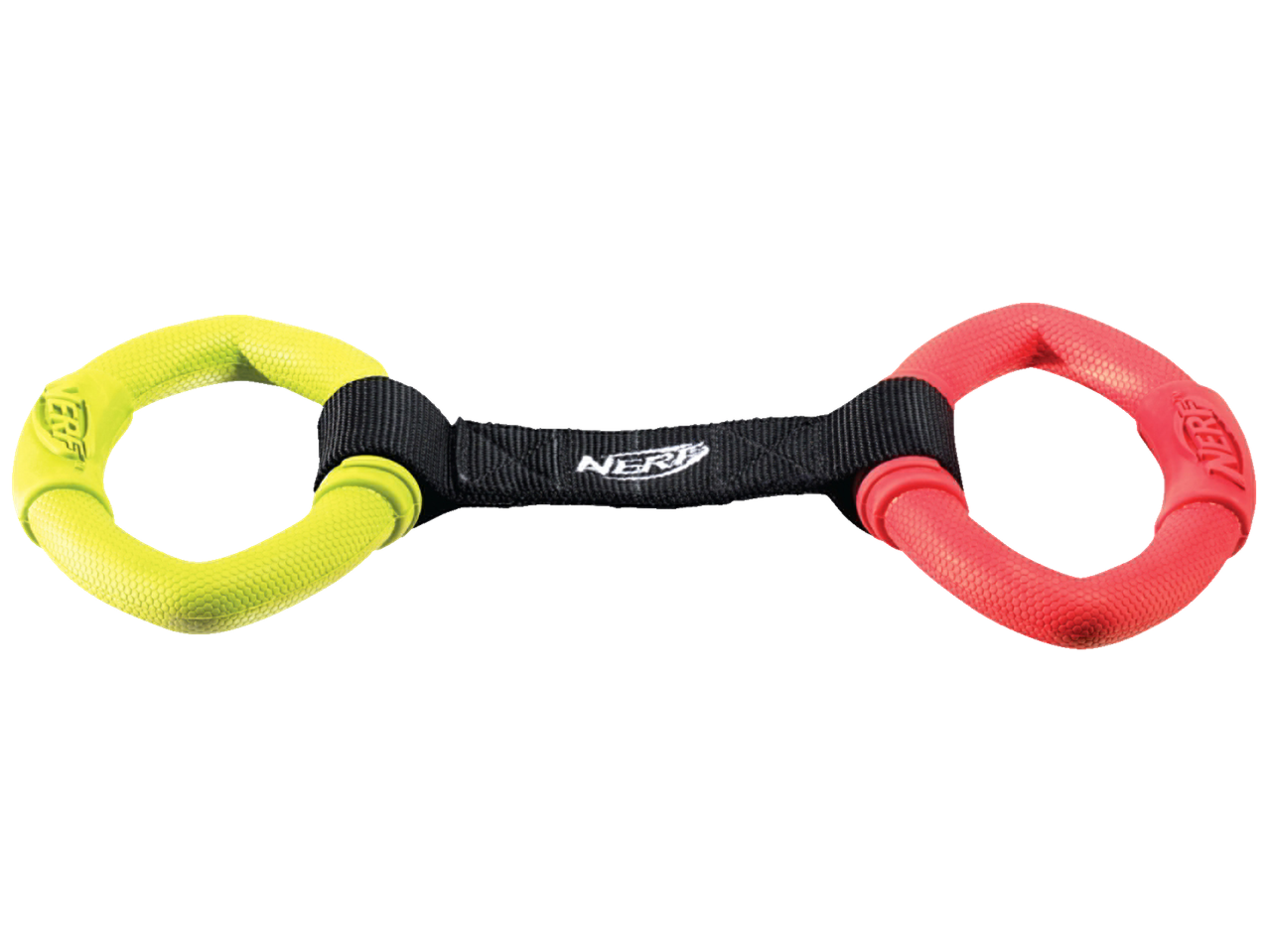 Brinquedo Nerf para cães, com dois anéis coloridos.