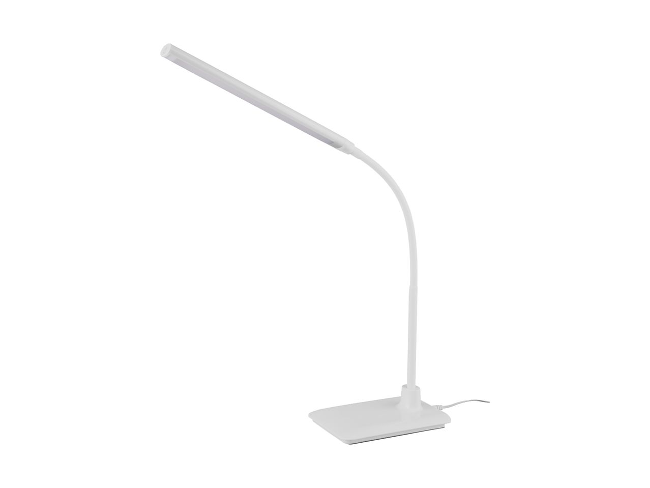 En hvid LED skrivebordslampe med en lang, buet arm.